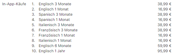 Babbel Preise bei In-App Kauf