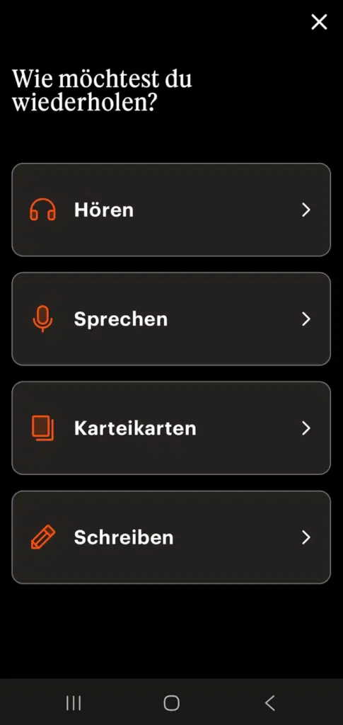 Babbel Vokabeltrainer - Lernformen: Hören, Sprechen. Karteikarten, Schreiben