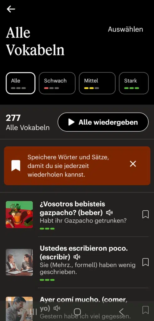 Babbel Vokabeltrainer - Übersicht der 4 Stufen