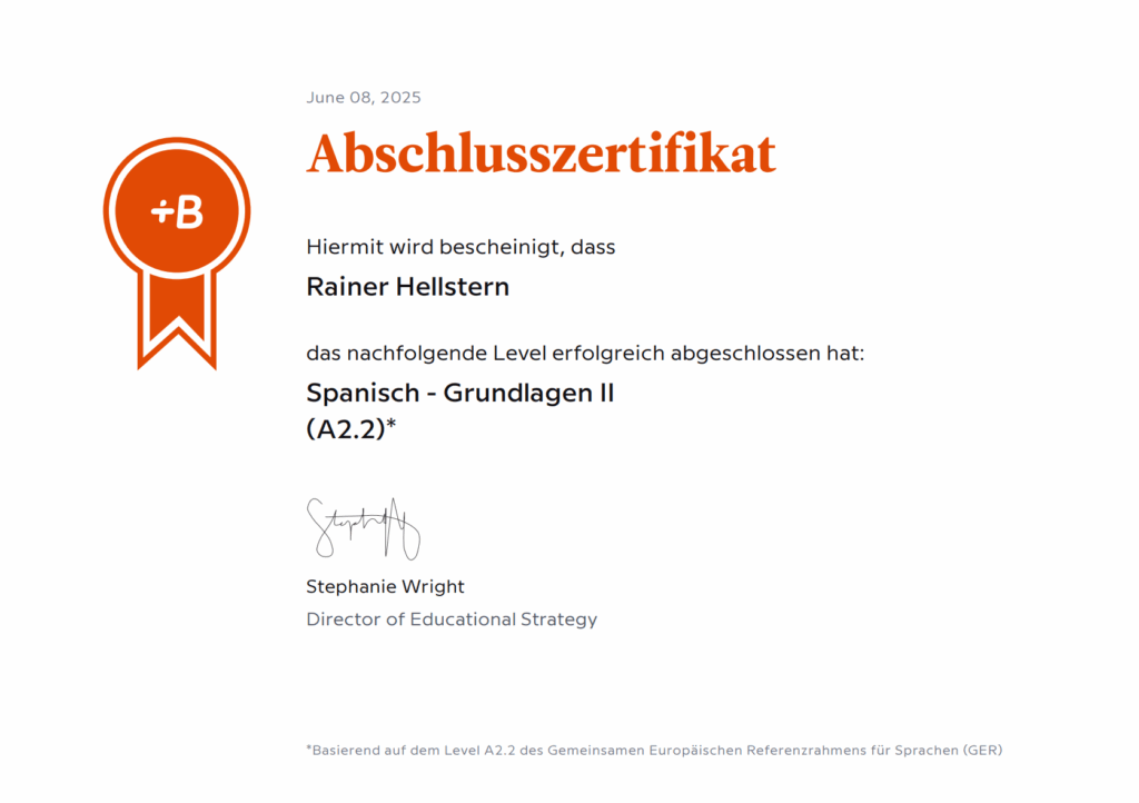 Babbel Abschlusszertifikat für das Sprachniveau A2.2 Grundlagen (Spanisch)